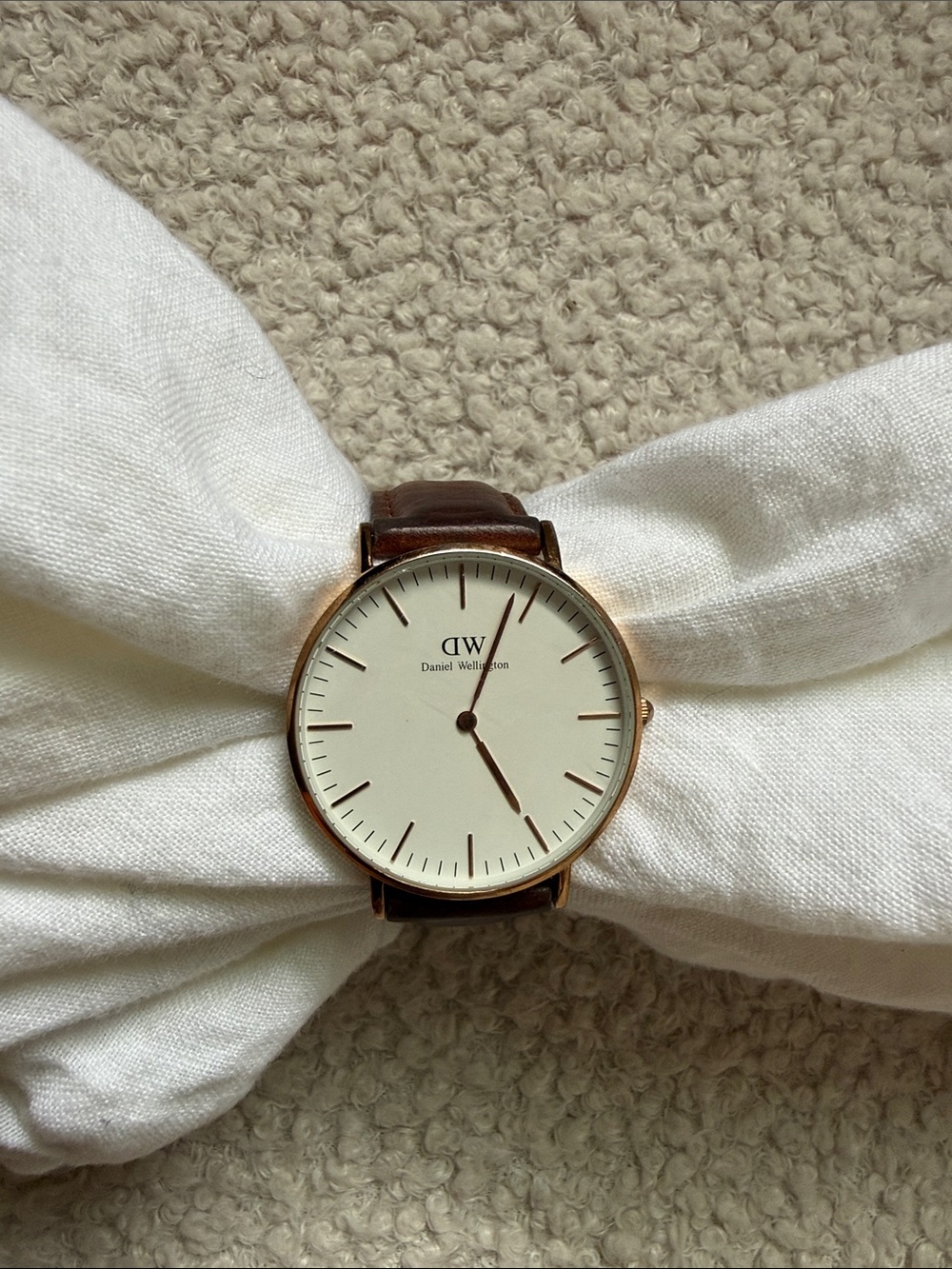 Daniel Wellington Gold Case Watch with Brown Leather Strap and White Dial